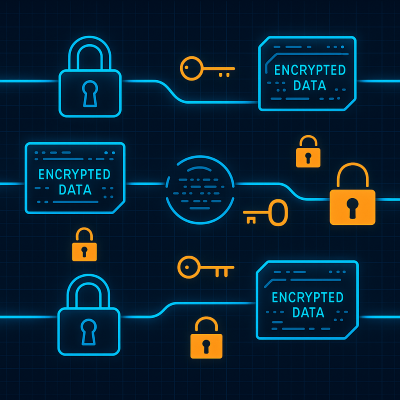 Visualization of encrypted data packets flowing through secure channels with lock symbols and encryption keys