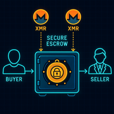 Illustration of a secure escrow transaction flow showing Monero tokens locked in a digital vault between buyer and seller