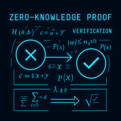 Abstract representation of zero-knowledge proof verification showing mathematical formulas and verification checkmarks without revealing underlying data