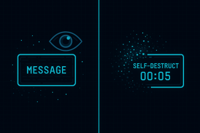 Sequence showing a message being read and then dissolving into digital particles with a countdown timer