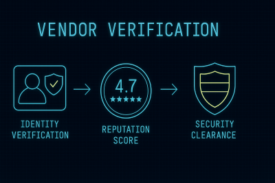 Vendor verification process showing identity verification steps, reputation scoring, and security clearance levels