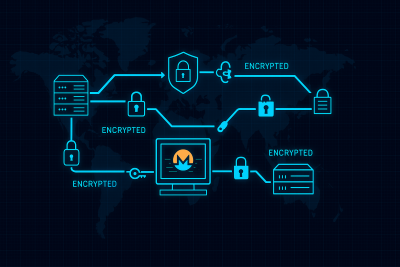 Network diagram showing multiple routing hops through encrypted nodes with data packets bouncing between servers across a global map