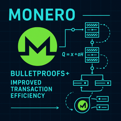 Monero cryptocurrency logo with technical diagram showing the implementation of Bulletproofs+ protocol and improved transaction efficiency