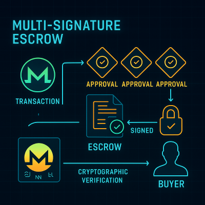 Multi-signature escrow interface showing transaction flow with multiple approval checkpoints and cryptographic verification