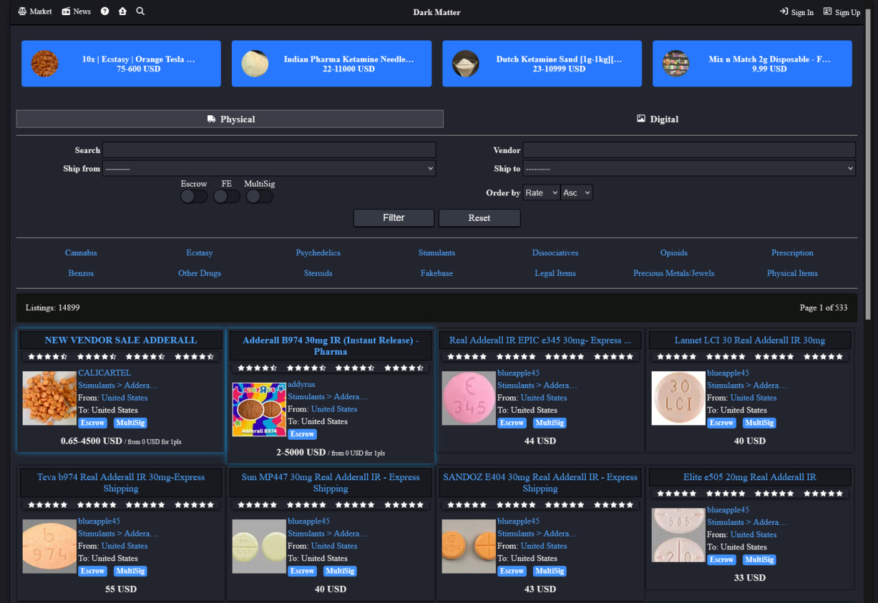 DarkMatter Market interface showing a secure marketplace dashboard with product listings, cryptocurrency balances, and encrypted messaging system