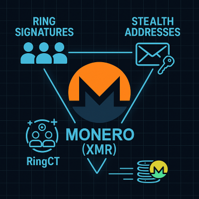 Monero (XMR) logo with visual representation of its privacy technologies including ring signatures, stealth addresses and RingCT